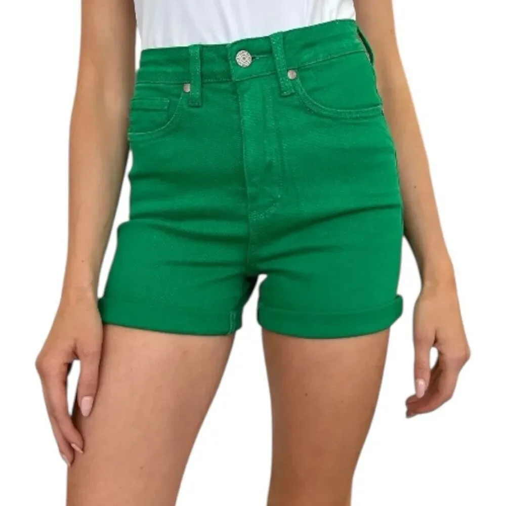 Judy Blue Shorts Green High Rise Tummy Control Cuffed Garment Dyed Stretch Denim